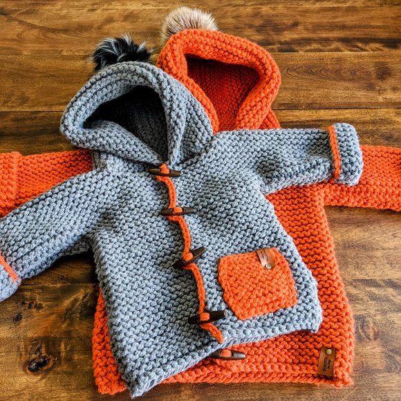 Hand knitted Dark grey coat with cape and pompom - Picture 7 of 9